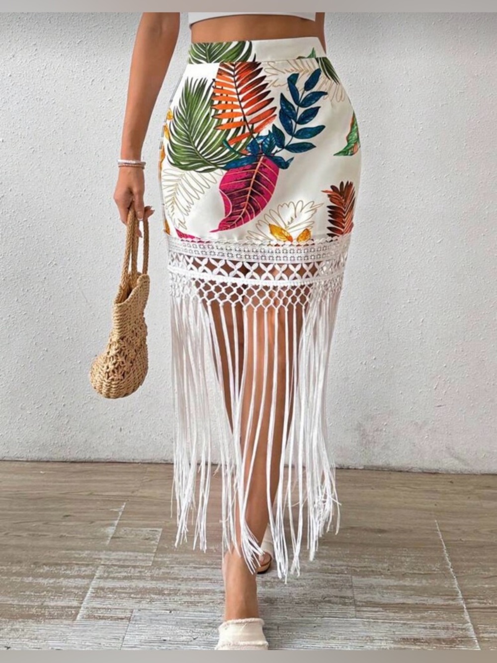 Tropical Leaf Fringe Tasseled Midi Skirt in White